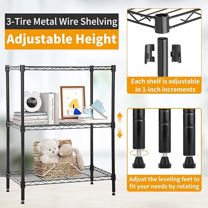 3 Tier Shelf Adjustable Wire Shelving Unit Metal Shelves with Leveling Feet Storage Rack for Kitchen Bathroom Utility Shelf Space Saving, 450lbs Capacity, 13"x23"x30"H, Black