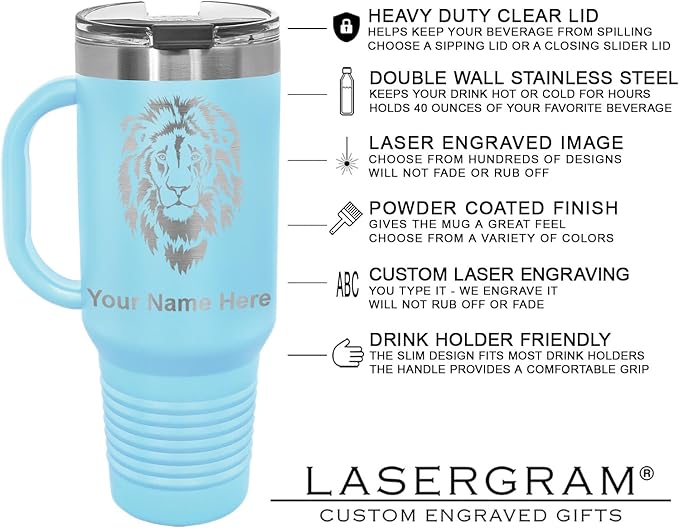 LaserGram 40oz Vacuum Insulated Travel Mug with Handle, Tiki Statue, Personalized Engraving Included (Light Blue)