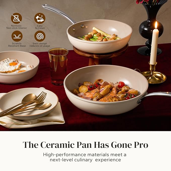 Redchef Ceramic Frying Pans Non Stick 9.5", 2.4QT Deep Saute Pan with Lid, Large Jumbo Cooker with Stay Cool Handle, Non Toxic Cooking Ceramic Pan, Induction Dishwasher Safe, PFOA & PFAS Free(Beige)