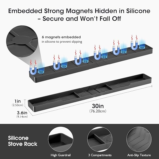 Bumusty Silicone Magnetic For Back Of Stove, Over The, Magnetic, Kitchen Spice Rack Organizer, Oven Shelf For Top Of Stove - Black