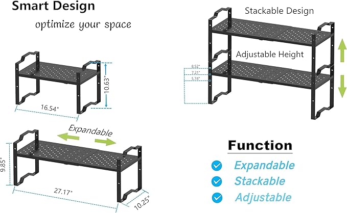 Expandable Shelf for Cabinet Organizer Adjustable Stackable Spice Rack at Kitchen and Bathroom More, Counter Countertop Cupboard Organization Pantry Storage (1 Pack/Gun-Grey, Large)