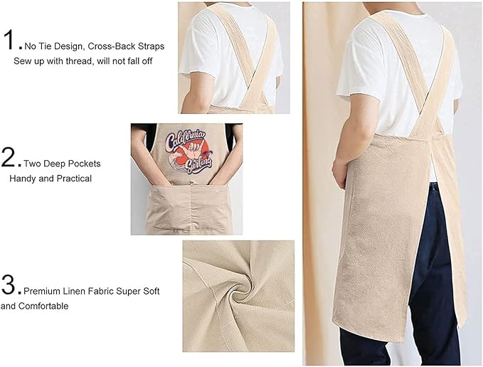Cotton Linen Apron Non-tie Cross Back Kitchen Apron with Pockets Soft Comfortable Durable for Cooking Baking Gardening (Khaki)