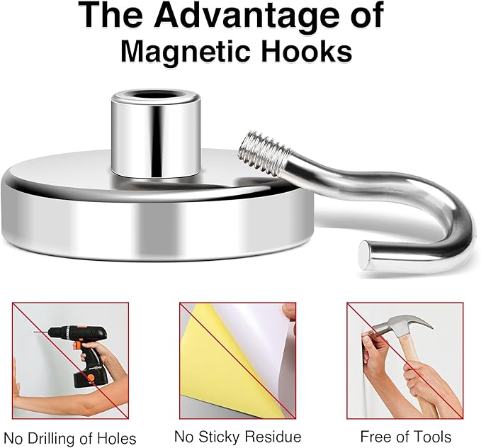 MIKEDE Magnetic Hooks Heavy Duty, 170LB+ Strong Neodymium Magnets for Refrigerator, Large Magnetic Hooks for Hanging, Magnets with Hooks Cruise Ship Essentials for Kitchen, Workplace - 8 Pack