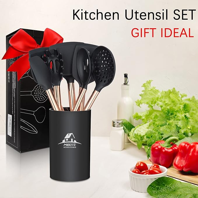 Silicone Cooking Utensil Set,14 Pcs Kitchen Utensils Set with Holder Non-stick Heat Resistant Cookware Cooking Turner Tongs Spatula Spoon with Stainless Steel Handle (Gold Black) BPA Free, Non Toxi