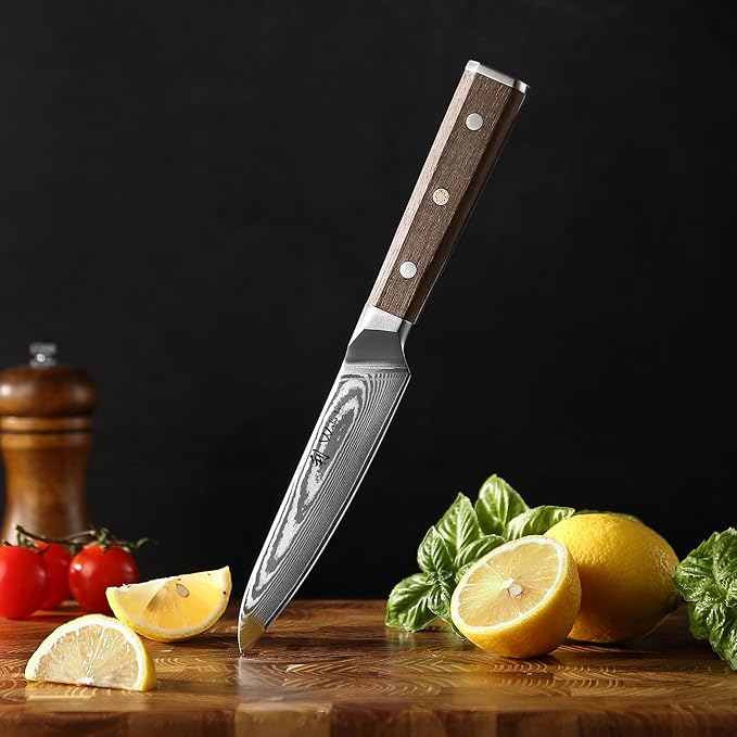 Wakoli HIK Damascus Utility Knife – Full Tang Multipurpose Knife | 5-Inch Blade Made of 67-Layer Damascus Steel with VG10 Core | Walnut Wood Handle | Sharp, Durable, Gift Box Included