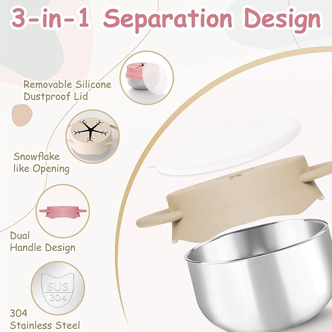 2 Pack 3-in-1 Stainless Steel Snack Containers for Toddlers with Spill-Proof Silicone Lids & Dual Handles - Baby Snack Box, Toddler Snack Cups, Perfect for Healthy Eating (Pink+Warm White)