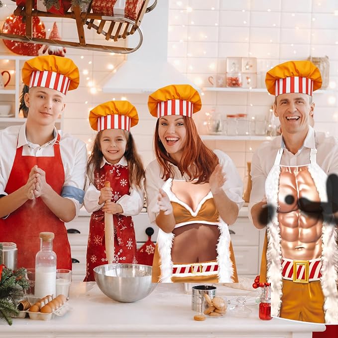 4 Pcs Christmas Aprons with Hats for Women Men Adjustable Kitchen Funny Cooking Aprons for BBQ Party