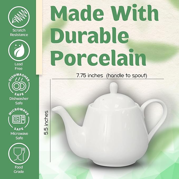 English Tea Store White Porcelain Teapot 2 Cup Raffles Small Ceramic Tea Pot for Loose Leaf Tea or Bags Modern White Teapots for Tea Party Durable Elegant Teapot Ceramic Teapot with Strainer