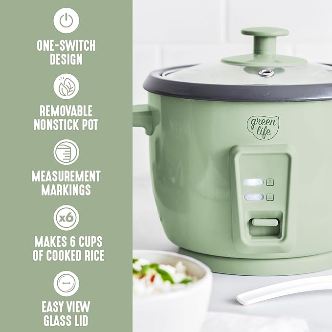 GreenLife Rice Cooker with Removable PFAS-Free Nonstick Pot, 3-Cups Uncooked/6-Cups Cooked, One-Switch Design, Auto Keep Warm Function, Soup, Grains, Oatmeal, Wood Handle, Sage Green