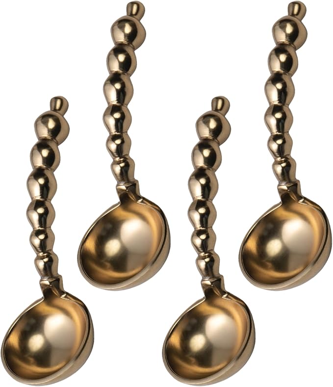 Beaded Handle - 6 Inch Gilded Gold Stainless Steel Soup Spoon Ladle; Set of 4