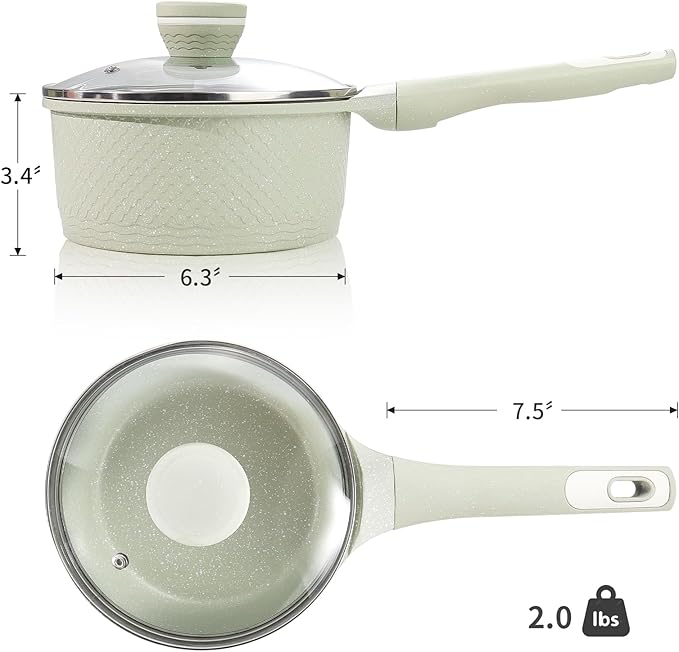 Sauce pan 1.5Qt Saucepan with lid, Non Stick Sauce Pot, Small Pots for Cooking Induction 100% FREE PFOA PFAS - Green Granite