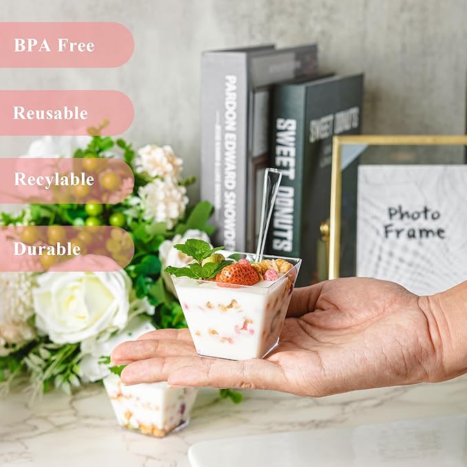 100 Pack 4 oz Mini Dessert Cups with Spoons and Lids, Clear Square Dessert Bowls Small Plastic Parfait Cups Appetizer Cups for Wedding Party