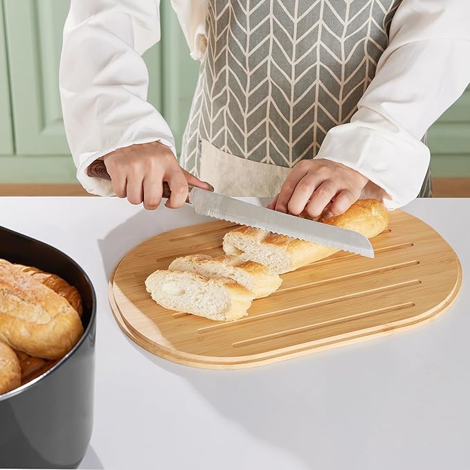 HouseJoy Large Bread Box for Kitchen Countertop,Fiber Bread Box With Cutting Board Lid,Black Bread Storage for Homemade Container,Corner Bread Holder for Toast Bagel Donut Cookies