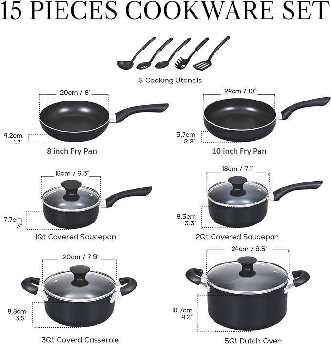 Cook N Home Pots and Pans Nonstick Cooking Set includes Saucepan Frying Pan Kitchen Cookware 15-Piece, Stay Cool Handle, Black