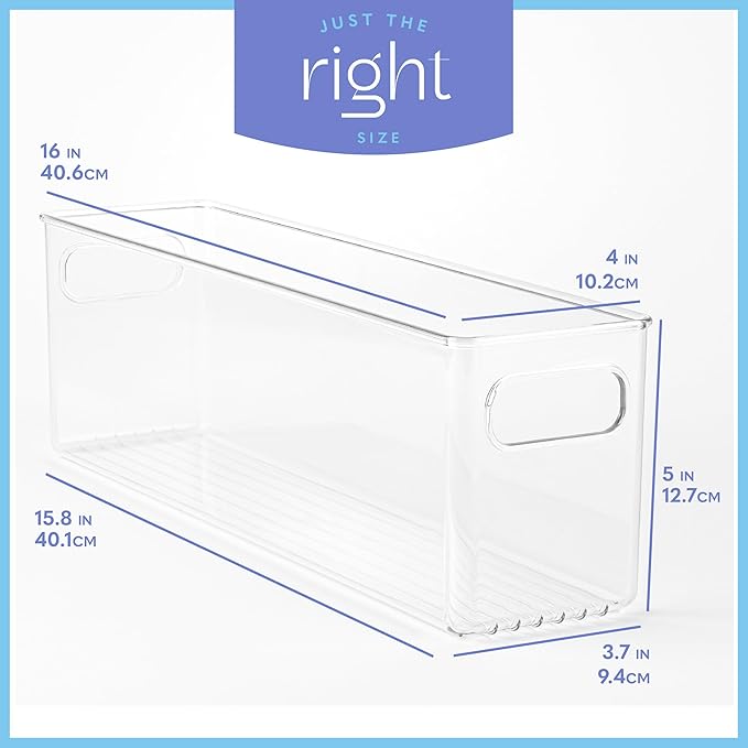 primebox Plastic Food Storage Clear Container Bin with Handles for Organizing Kitchen, Pantry, Fridge, Freezer, Pantry,Bathroom. 16"x4"x5"