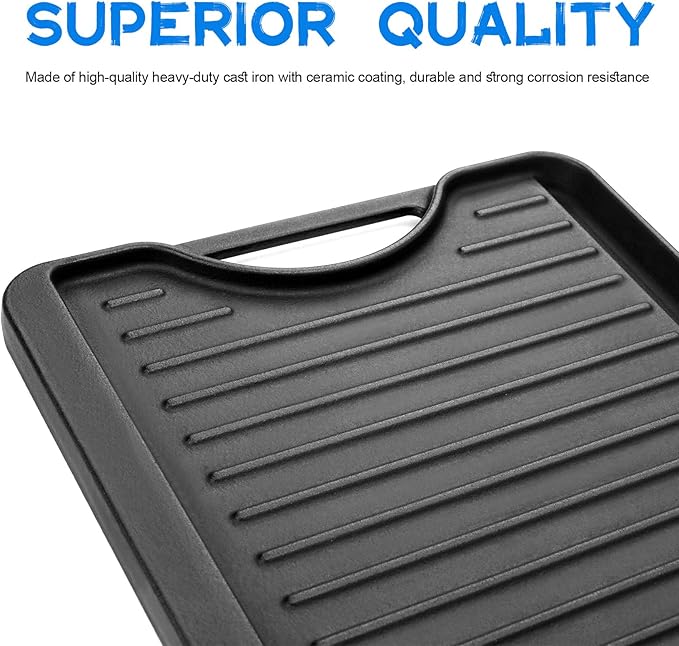 GGC Cast Iron Reversible Griddle, 2-in-1 Griddle Pan for Gas Stove Tops, Gas Grills and Camping, 20 x 10.5 Flat and Ribbed Griddle Plate for Indoor and Outdoor Cooking