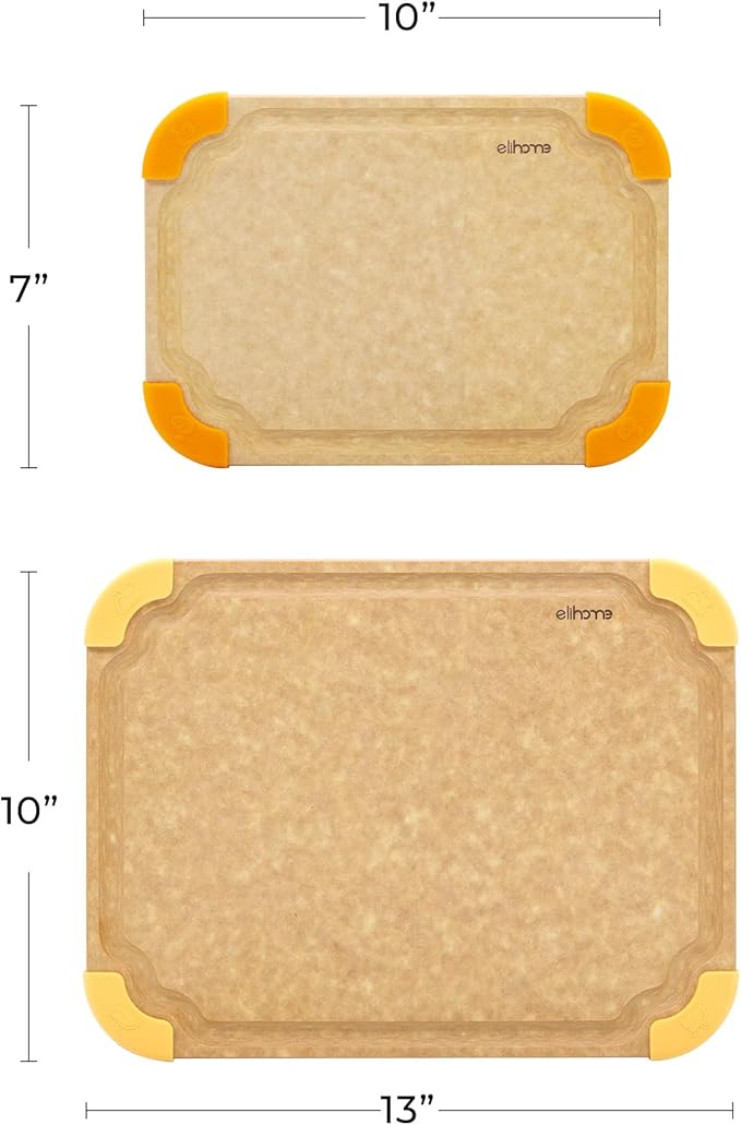 Elihome Premium Series 2-in-1 Kitchen Cutting Board Set, Non Slip Feet, Color Coded with Food Icon, Natural Wood Fiber, Dishwasher Safe, Eco-Friendly, Juice Grooves,Non Porous, BPA Free, Made in USA