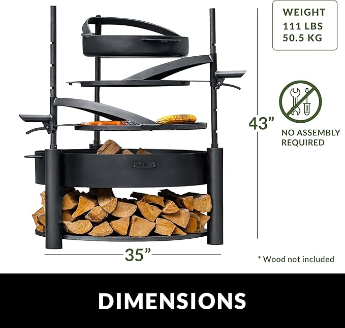 Grand Hearth 32" Cooking Fire Pit, Deluxe 3-in-1 Grill Plate, Griddle Skillet Set, Rods, Frying Pan Set, Backyard BBQ Grilling Campfire, Handcrafted, Large Outdoor Steel Firepit by Good Directions