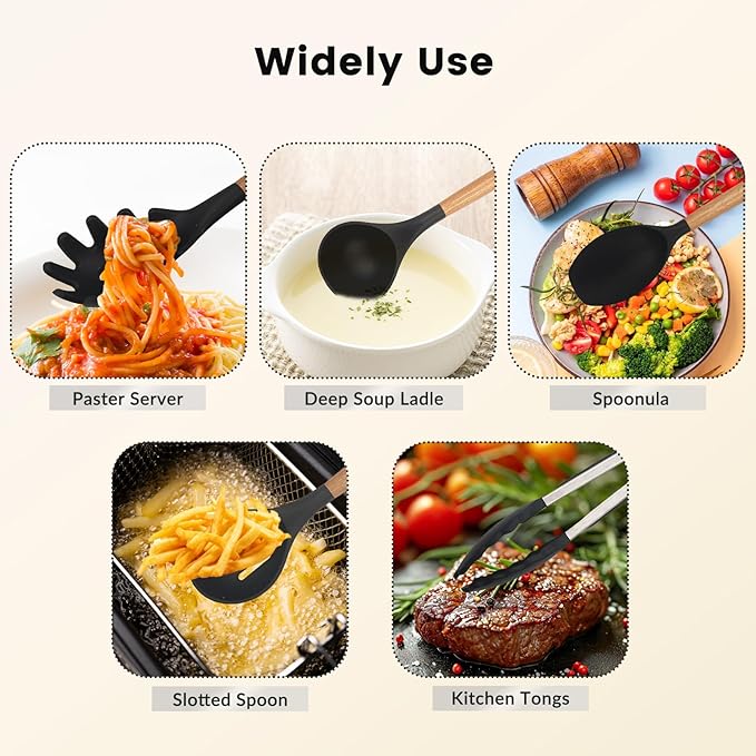Daily Treasures 12PCS Kitchen Utensils Set,Cooking Utensils Set with Storage Holder,Kitchen Tools Made of Heat Resistant Food Grade Silicone and Wooden Handles for Nonstick Cookware