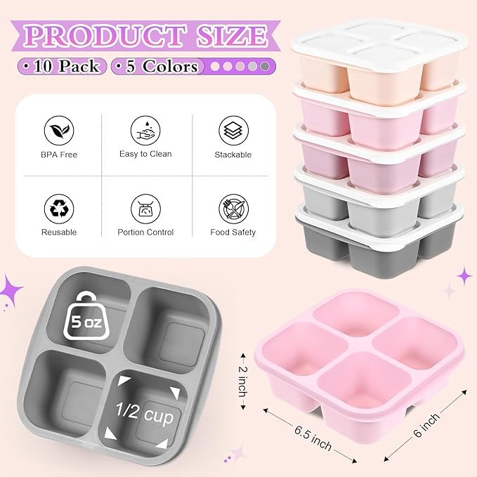 Honeydak 10 Pack Bento Snack Containers 4 Compartment Snack Boxes Reusable Containers with Lids Divided Meal Prep Lunch Food Storage Box for School Work Travel