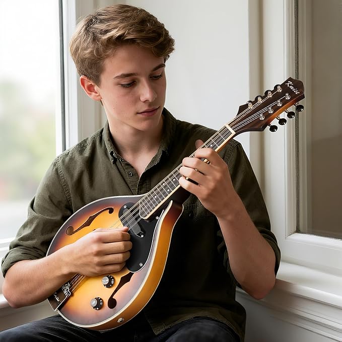 Mandolin Instrument A Style, Electric Acoustic Mandolins Instrument Kit 8 String with Tuner Strap Gig Bag Chord Chart for Beginners Adults Teens Youth Kid(A String Electric Mandolin, 8 String)