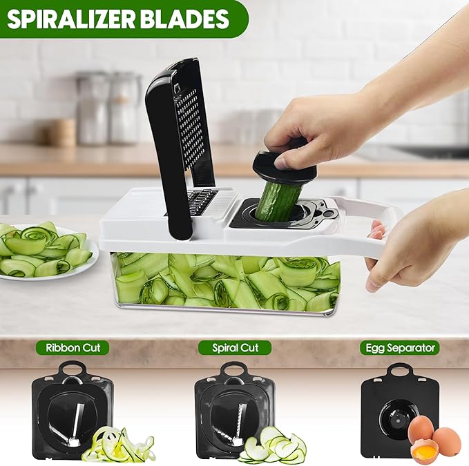 Vegetable Chopper, 10 Blades Slicer Onion Dicer, Multi 23-in-1 Veggie Mandoline Food Cutter for Tomato Fruit, Vegetable cutter with Hand Protector, Egg Separator & Slicer, Container（White）