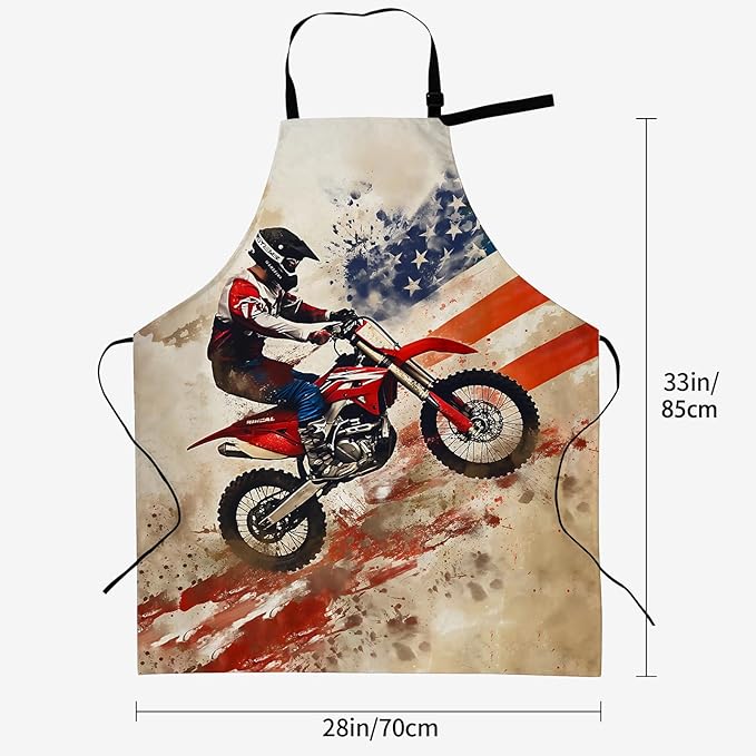 Dirt Bike Apron for Women, 28x33in, Kitchen Chef Aprons with 2 Pockets, Polyester, Motocross American Flag Apron for Cooking BBQ Baking Gardening Chef, Gifts for Mom Wife Dad