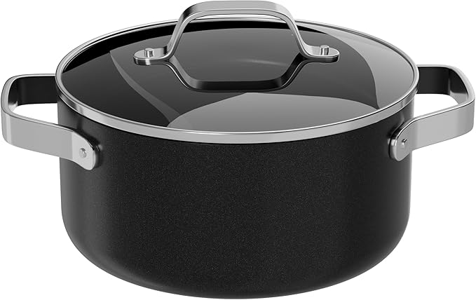 Bakken 12.5 Quart Ceramic Coated Stock Pot with Lid, Easy Clean Nonstick Pot, Tempered Glass Lid, Riveted Stainless Steel Handles, Oven Safe Up To 500°F, PTFE & PFAS Free, All Stove Compatible, Black