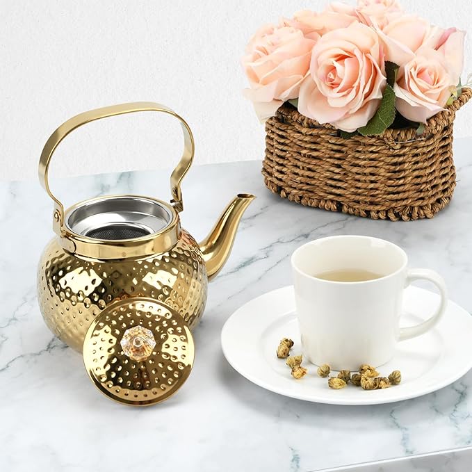 Hammered Tea Kettle, Stainless Steel Tea/Coffee Pot Loose Leaf Teapot for Tea, Milk, Coffee, 1.2L Teapot with Strainer Stovetop Tea Kettle, Outdoor Travel Supplies, Gift For Tea (Gold)