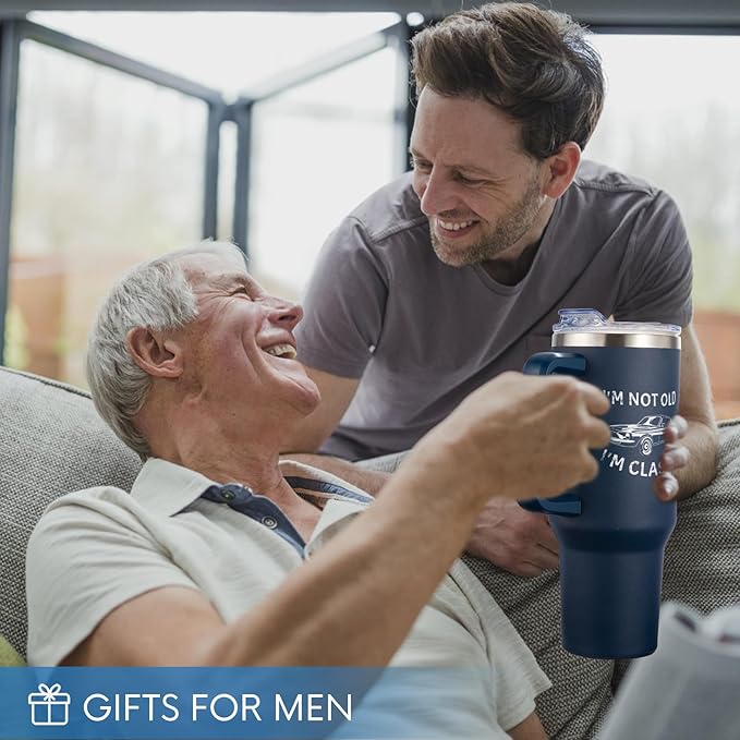 NOWWISH 40oz Tumbler with Handle and Straw for Men, I am Not Old Funny Christmas Gifts for Dad Husband Grandpa, Large Insulated Mug, Stocking Stuffer Idea - Navy Blue