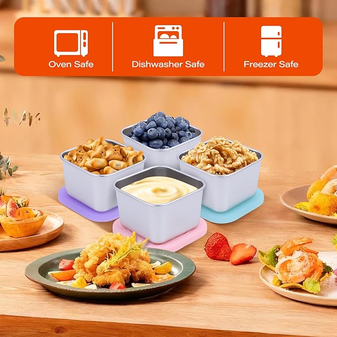 4 Pack Stainless Steel Snack Containers, 6oz Snack Box with Silicone Lids,Stackable Portable Small Food Storage Container for Picnic,Travel,School,Office,and Daycare