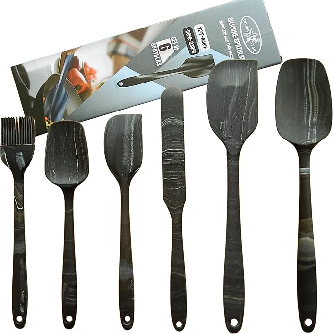 Premium Silicone Marbled Spatula Set of 6 – 446°F Heat-Resistant One-Piece Steel Core, Non-Stick Kitchen Tools for Baking, Cooking & Mixing – Dishwasher Safe (Black)