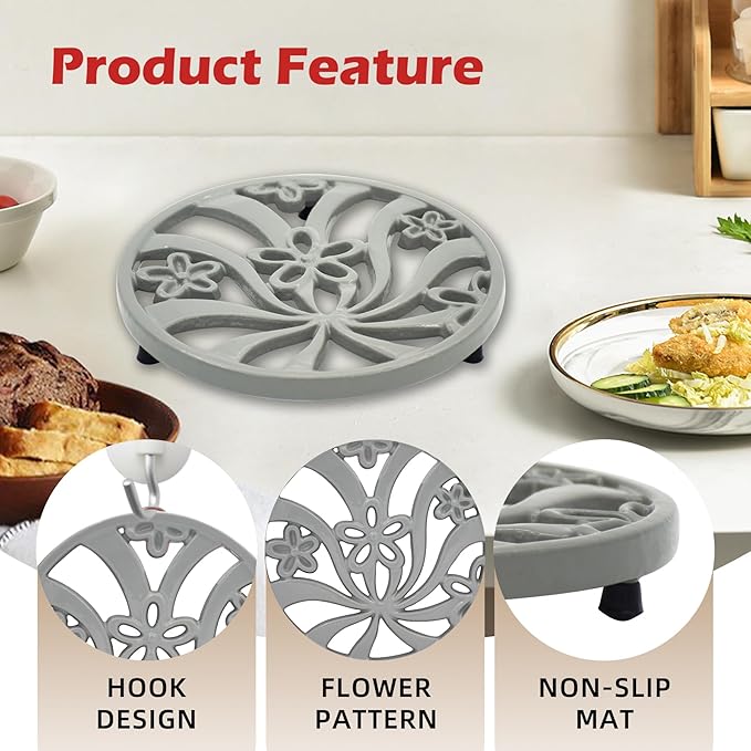 Vintage Cast Iron Trivet, Heat-Resistant Metal Trivet for Hot Dishes Pots Pans with Daffodil Pattern for Tabletop Protection, Grey