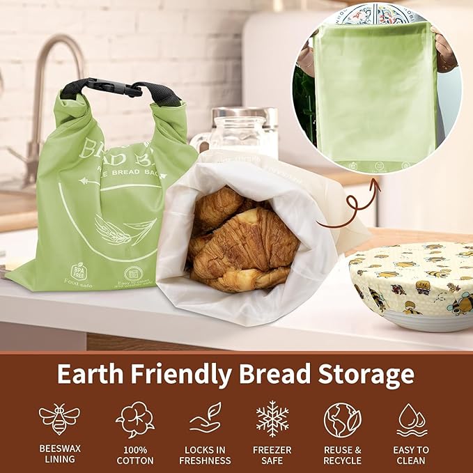 Bread Bags for Homemade with Beeswax Wrap - Zipper Reusable Bread Bag for Sourdough 2-Pack, Large Reusable Food Storage Bag to Keep Sourdough Fresh, Freezer-Safe, Eco-Friendly (Khai& Green)