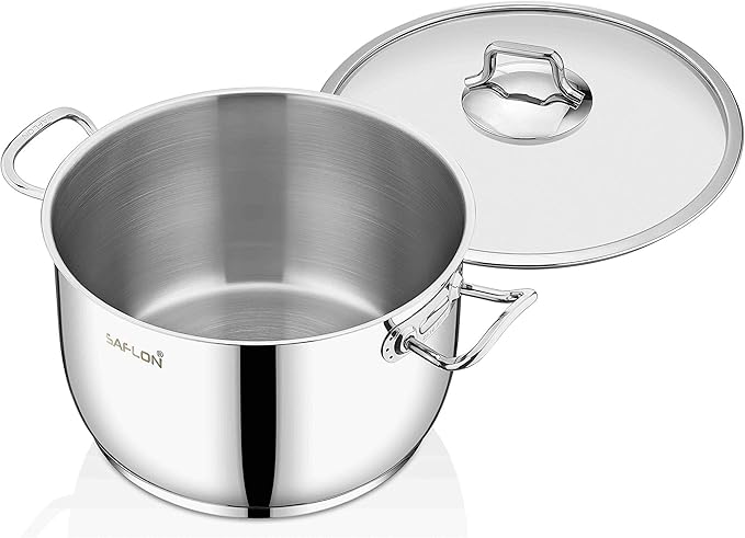 Saflon Stainless Steel Tri-Ply Capsulated Bottom 8 Quart Stock Pot with Glass Lid, Induction Ready, Oven and Dishwasher Safe