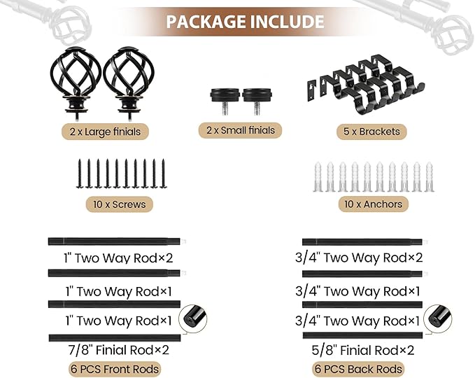 KAMANINA Black Double Curtain Rod 140 to 195 Inches (12-16 Feet), 1 Inch Curtain Rods for Windows 60 to 191, Heavy Duty Telescoping Drapery Rods with Twisted Cage Finials