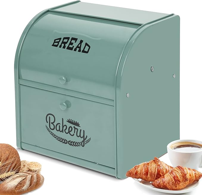 Stainless Steel Bread Box, 2 Layer Roll Top Bread Boxes, Large Capacity Food Storage Container for Kitchen Counter, Metal Bread Bin, Bread Holder for Countertop 11.8" x 9.6" x 12.8" (Green)