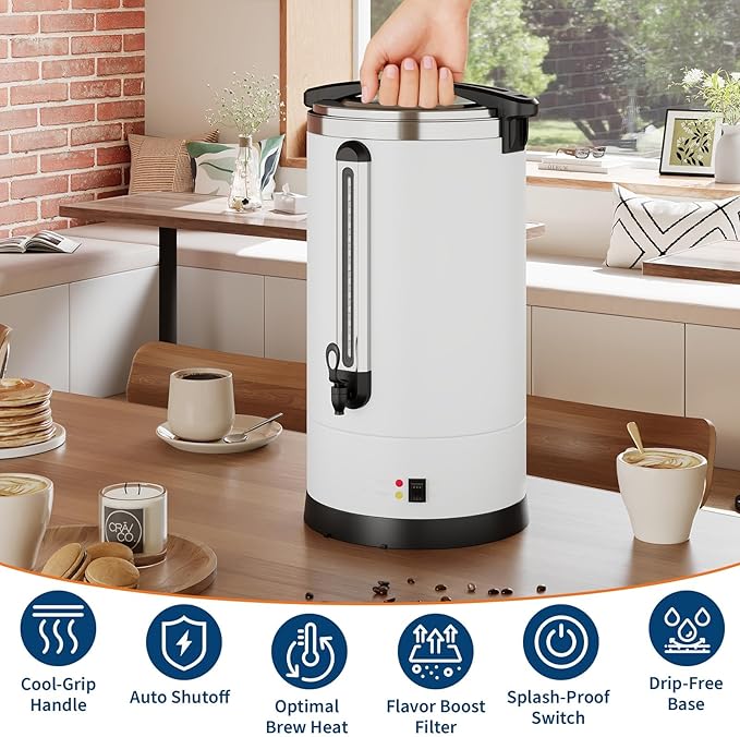 120 Cups Large Coffee Urn with Double Wall Insulation, 18L/4.8 Gallon Stainless Steel Commercial Electric Coffee Maker with Hot Drinks and Hot Water, for Weddings, Parties, Catering, and Buffets