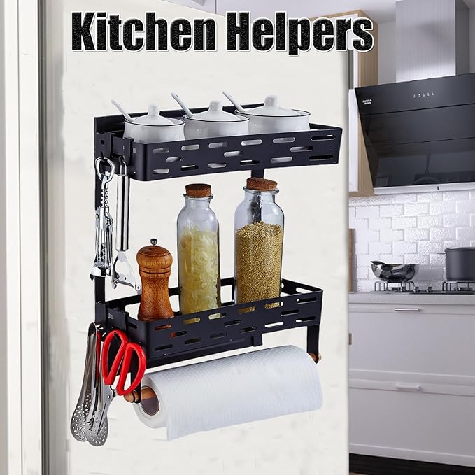 Magnetic Spice Rack for Refrigerator, Magnetic Shelf for Fridge Moveable Magnetic Paper Towel Holder Metal Fridge Magnet Orqanizer 8 Hooks for Kitchen Space Saving