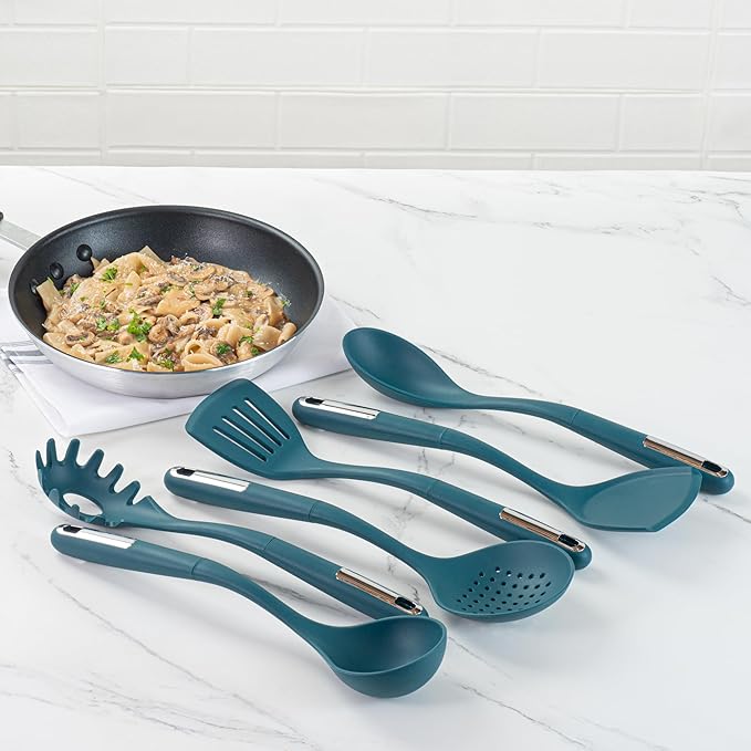 Restaurantware Silicone Utensil Set Pack of 1 Non-Slip Handle 6-Piece Kitchen Tool Set, Heat-Resistant Dishwasher-Friendly Cooking Accessories, Durable Teal Cooking Utensils