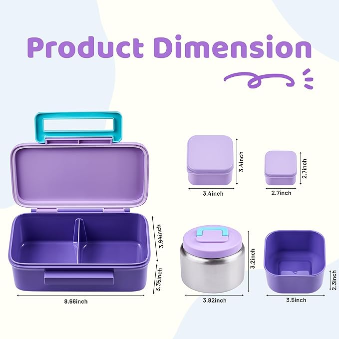 MAISON HUIS Kids Lunch Box with Thermo, Leakproof Bento Box with 8oz Insulated Food Jar, 2 Compartment Container for Back to School Girls Boys (Purple)