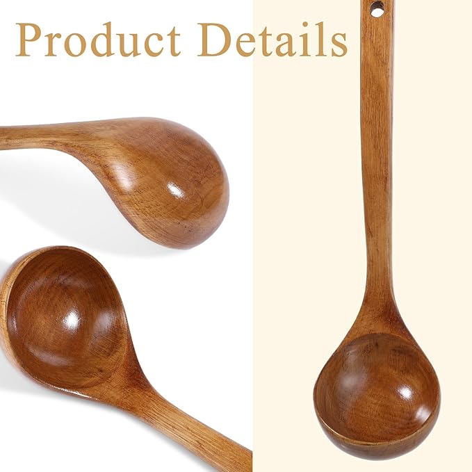 Wooden Ladle, 11" Long Handle Soup Ladle Spoon Large Kitchen Wooden Scoop Deep Teak Wood Spoon Utensil for Cooking Serving Cookware, Sustainable Natural Texture