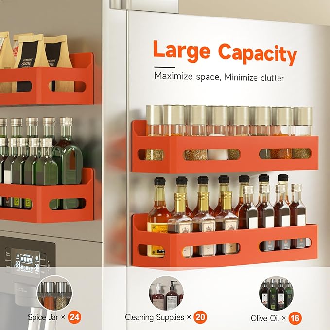 4 Pack Magnetic Spice Rack for Refrigerator, Spice Rack Organizer, Moveable Magnetic Shelf Fridge Organizer with 4 Hooks for Kitchen and Oven Organization, Orange