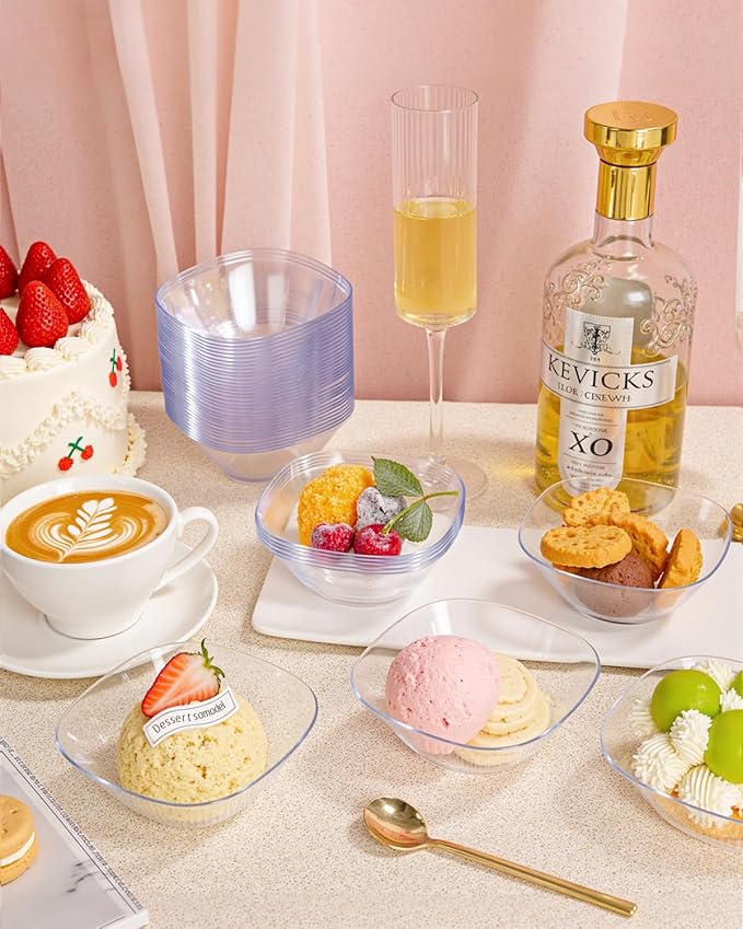 bUCLA 50Pack Clear Plastic Small Bowls - 8oz Disposable Ice Cream/Salsa/Dipping/Dessert/Sauce/Small Serving Bowls for Party