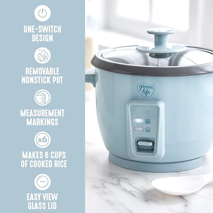 GreenLife Rice Cooker with Removable PFAS-Free Nonstick Pot, 3-Cups Uncooked/6-Cups Cooked, One-Switch Design, Auto Keep Warm Function, Soup, Grains, Oatmeal, Wood Handle, Blue