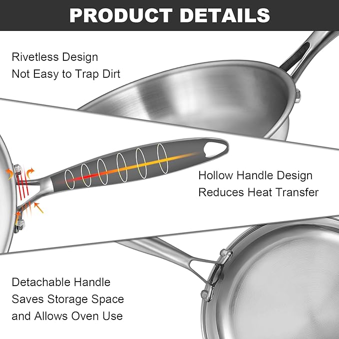 EWFEN Tri-Ply Stainless Steel Frying Pans Set, 8”/10”/12” Cooking pans, PFOA&PTFE Free Skillet, Induction Cooking Pan, Dishwasher and Oven Safe, Fast & Even Heat, Heavy Duty and Detachable Handle