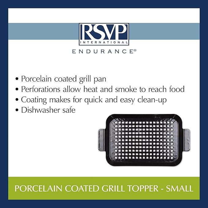 RSVP International Porcelain Coated Steel BBQ Grill Tray/Pan, Outdoor Barbeque Grilling Accessories for Cooking Fish & Vegetables, Dishwasher Safe, Small, 13x7.25