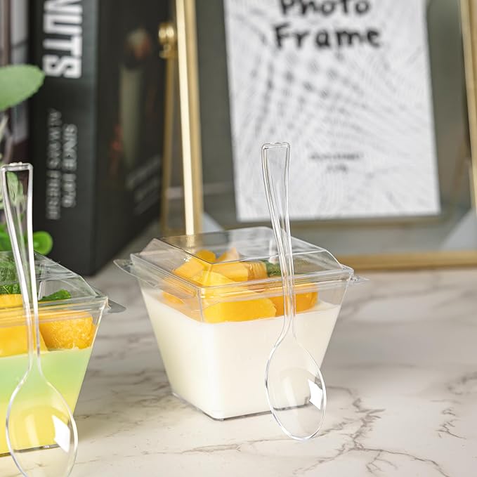 100 Pack 4 oz Mini Dessert Cups with Spoons and Lids, Clear Square Dessert Bowls Small Plastic Parfait Cups Appetizer Cups for Wedding Party