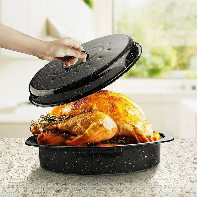 13Inch Roasting Pan, Enamel on Steel, Black Covered Oval Roaster Pan with Lid, Small Cookware for Turkey, Small Chicken, Roast Baking Pan.
