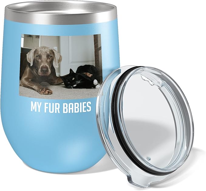 Personalized Mothers Day 12oz Photo Picture Printed Insulated Stainless Steel Powder Coated Stemless Wine Tumbler with Lid, Customized Mum Gift Idea Her, Custom Mom Coach Gifts Team (Light Blue)